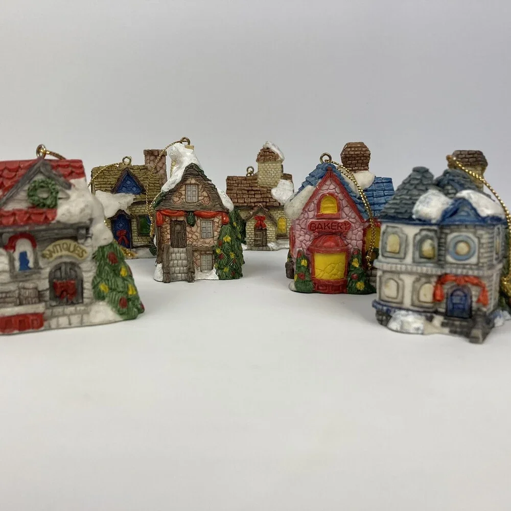Lot Set 6 VTG Christmas Village Ornaments Mini Houses Bakery Antiques Snow Resin